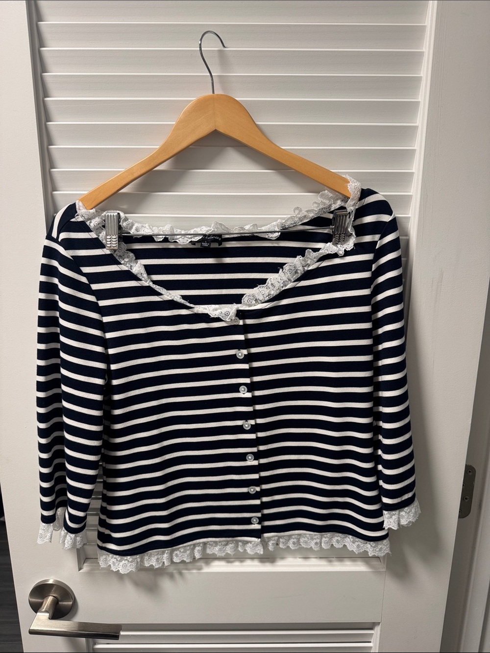 For Love And Lemons Navy and White Striped Lace-Trim Button Top
